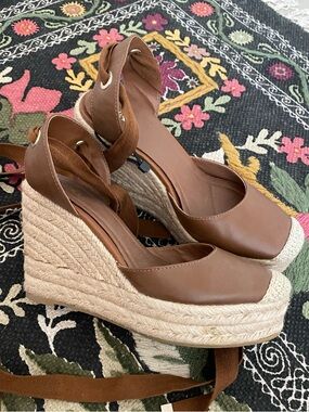 Brown Espadrille Wedge Sandals with Ankle Tie
